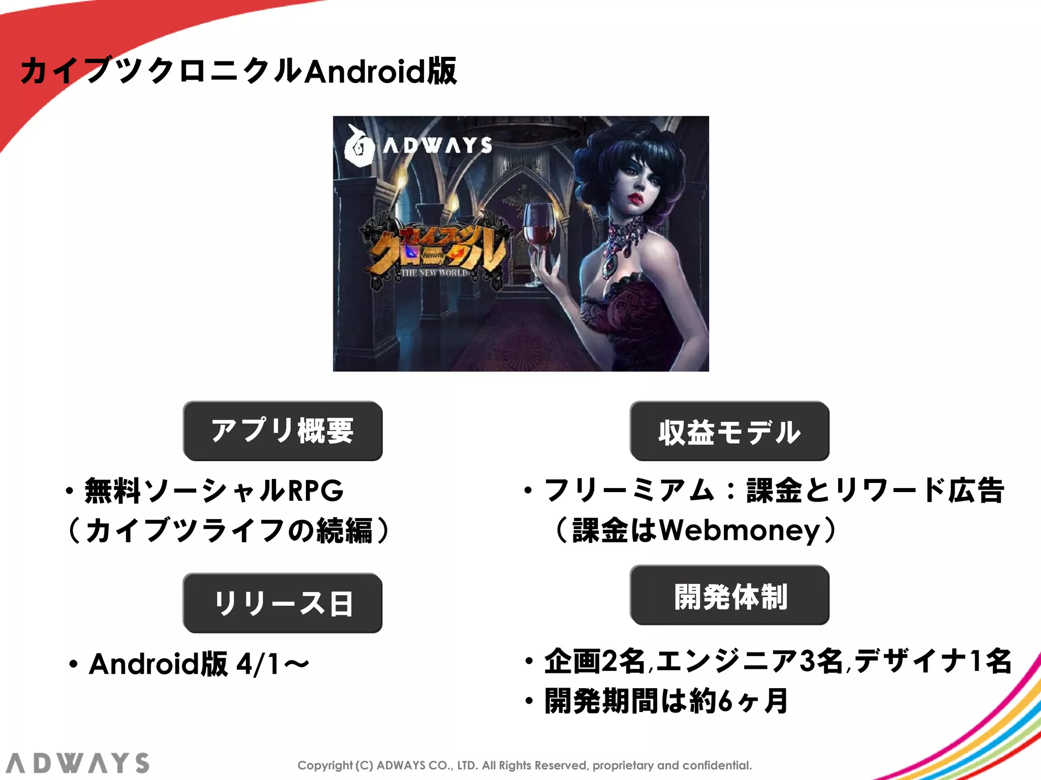 カイブツクロニクルAndroid版




         アプリ概要                                                                収益モデル

 ・無料ソーシャルRPG                                        ・フリーミアム：課金とリワード広告
 ＇カイブツライフの続編（                                        ＇課金はWebmoney（

         リリース日                                                                  開発体制

 ・Android版 4/1～                                     ・企画2名,エンジニア3名,デザイナ1名
                                                    ・開発期間は約6ヶ月

              Copyright (C) ADWAYS CO., LTD. All Rights Reserved, proprietary and confidential.
 