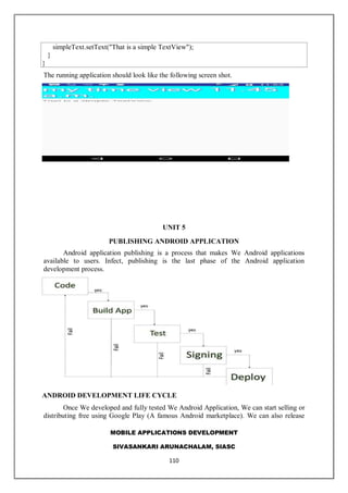 MOBILE APPLICATIONS DEVELOPMENT
SIVASANKARI ARUNACHALAM, SIASC
110
simpleText.setText("That is a simple TextView");
}
}
The running application should look like the following screen shot.
UNIT 5
PUBLISHING ANDROID APPLICATION
Android application publishing is a process that makes We Android applications
available to users. Infect, publishing is the last phase of the Android application
development process.
ANDROID DEVELOPMENT LIFE CYCLE
Once We developed and fully tested We Android Application, We can start selling or
distributing free using Google Play (A famous Android marketplace). We can also release
 