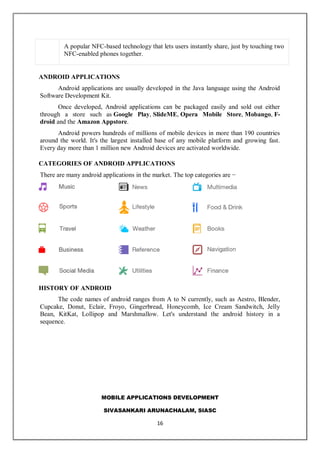 MOBILE APPLICATIONS DEVELOPMENT
SIVASANKARI ARUNACHALAM, SIASC
16
A popular NFC-based technology that lets users instantly share, just by touching two
NFC-enabled phones together.
ANDROID APPLICATIONS
Android applications are usually developed in the Java language using the Android
Software Development Kit.
Once developed, Android applications can be packaged easily and sold out either
through a store such as Google Play, SlideME, Opera Mobile Store, Mobango, F-
droid and the Amazon Appstore.
Android powers hundreds of millions of mobile devices in more than 190 countries
around the world. It's the largest installed base of any mobile platform and growing fast.
Every day more than 1 million new Android devices are activated worldwide.
CATEGORIES OF ANDROID APPLICATIONS
There are many android applications in the market. The top categories are −
HISTORY OF ANDROID
The code names of android ranges from A to N currently, such as Aestro, Blender,
Cupcake, Donut, Eclair, Froyo, Gingerbread, Honeycomb, Ice Cream Sandwitch, Jelly
Bean, KitKat, Lollipop and Marshmallow. Let's understand the android history in a
sequence.
 