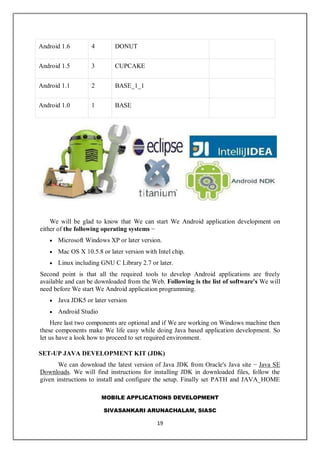 MOBILE APPLICATIONS DEVELOPMENT
SIVASANKARI ARUNACHALAM, SIASC
19
Android 1.6 4 DONUT
Android 1.5 3 CUPCAKE
Android 1.1 2 BASE_1_1
Android 1.0 1 BASE
We will be glad to know that We can start We Android application development on
either of the following operating systems −
 Microsoft Windows XP or later version.
 Mac OS X 10.5.8 or later version with Intel chip.
 Linux including GNU C Library 2.7 or later.
Second point is that all the required tools to develop Android applications are freely
available and can be downloaded from the Web. Following is the list of software's We will
need before We start We Android application programming.
 Java JDK5 or later version
 Android Studio
Here last two components are optional and if We are working on Windows machine then
these components make We life easy while doing Java based application development. So
let us have a look how to proceed to set required environment.
SET-UP JAVA DEVELOPMENT KIT (JDK)
We can download the latest version of Java JDK from Oracle's Java site − Java SE
Downloads. We will find instructions for installing JDK in downloaded files, follow the
given instructions to install and configure the setup. Finally set PATH and JAVA_HOME
 