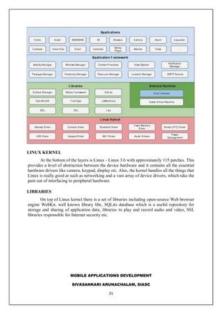 MOBILE APPLICATIONS DEVELOPMENT
SIVASANKARI ARUNACHALAM, SIASC
21
LINUX KERNEL
At the bottom of the layers is Linux - Linux 3.6 with approximately 115 patches. This
provides a level of abstraction between the device hardware and it contains all the essential
hardware drivers like camera, keypad, display etc. Also, the kernel handles all the things that
Linux is really good at such as networking and a vast array of device drivers, which take the
pain out of interfacing to peripheral hardware.
LIBRARIES
On top of Linux kernel there is a set of libraries including open-source Web browser
engine WebKit, well known library libc, SQLite database which is a useful repository for
storage and sharing of application data, libraries to play and record audio and video, SSL
libraries responsible for Internet security etc.
 