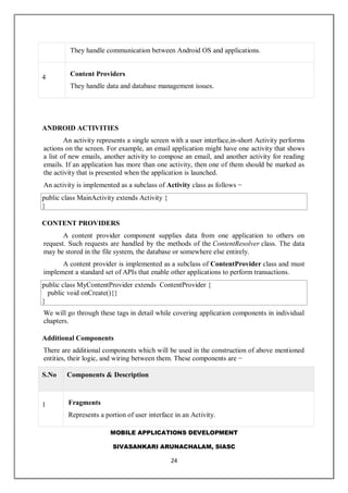 MOBILE APPLICATIONS DEVELOPMENT
SIVASANKARI ARUNACHALAM, SIASC
24
They handle communication between Android OS and applications.
4 Content Providers
They handle data and database management issues.
ANDROID ACTIVITIES
An activity represents a single screen with a user interface,in-short Activity performs
actions on the screen. For example, an email application might have one activity that shows
a list of new emails, another activity to compose an email, and another activity for reading
emails. If an application has more than one activity, then one of them should be marked as
the activity that is presented when the application is launched.
An activity is implemented as a subclass of Activity class as follows −
public class MainActivity extends Activity {
}
CONTENT PROVIDERS
A content provider component supplies data from one application to others on
request. Such requests are handled by the methods of the ContentResolver class. The data
may be stored in the file system, the database or somewhere else entirely.
A content provider is implemented as a subclass of ContentProvider class and must
implement a standard set of APIs that enable other applications to perform transactions.
public class MyContentProvider extends ContentProvider {
public void onCreate(){}
}
We will go through these tags in detail while covering application components in individual
chapters.
Additional Components
There are additional components which will be used in the construction of above mentioned
entities, their logic, and wiring between them. These components are −
S.No Components & Description
1 Fragments
Represents a portion of user interface in an Activity.
 