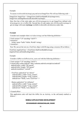 MOBILE APPLICATIONS DEVELOPMENT
SIVASANKARI ARUNACHALAM, SIASC
36
Example
To access res/drawable/myimage.png and set an ImageView We will use following code −
ImageView imageView = (ImageView) findViewById(R.id.myimageview);
imageView.setImageResource(R.drawable.myimage);
Here first line of the code make use of R.id.myimageview to get ImageView defined with
id myimageview in a LaWet file. Second line of code makes use of R.drawable.myimage to
get an image with name myimage available in drawable sub-directory under /res.
Example
Consider next example where res/values/strings.xml has following definition −
<?xml version="1.0" encoding="utf-8"?>
<resources>
<string name="hello">Hello, World!</string>
</resources>
Now We can set the text on a TextView object with ID msg using a resource ID as follows −
TextView msgTextView = (TextView) findViewById(R.id.msg);
msgTextView.setText(R.string.hello);
Example
Consider a laWet res/laWet/activity_main.xml with the following definition −
<?xml version="1.0" encoding="utf-8"?>
<LinearLaWet xmlns:android="http://schemas.android.com/apk/res/android"
android:laWet_width="fill_parent"
android:laWet_height="fill_parent"
android:orientation="vertical" >
<TextView android:id="@+id/text"
android:laWet_width="wrap_content"
android:laWet_height="wrap_content"
android:text="Hello, I am a TextView" />
<Button android:id="@+id/button"
android:laWet_width="wrap_content"
android:laWet_height="wrap_content"
android:text="Hello, I am a Button" />
</LinearLaWet>
This application code will load this laWet for an Activity, in the onCreate() method as
follows −
 