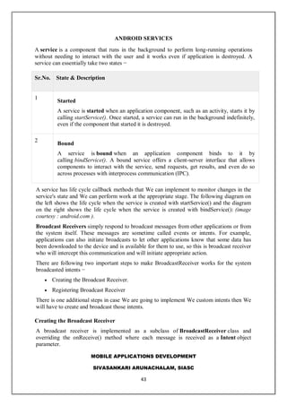 MOBILE APPLICATIONS DEVELOPMENT
SIVASANKARI ARUNACHALAM, SIASC
43
ANDROID SERVICES
A service is a component that runs in the background to perform long-running operations
without needing to interact with the user and it works even if application is destroyed. A
service can essentially take two states −
Sr.No. State & Description
1
Started
A service is started when an application component, such as an activity, starts it by
calling startService(). Once started, a service can run in the background indefinitely,
even if the component that started it is destroyed.
2
Bound
A service is bound when an application component binds to it by
calling bindService(). A bound service offers a client-server interface that allows
components to interact with the service, send requests, get results, and even do so
across processes with interprocess communication (IPC).
A service has life cycle callback methods that We can implement to monitor changes in the
service's state and We can perform work at the appropriate stage. The following diagram on
the left shows the life cycle when the service is created with startService() and the diagram
on the right shows the life cycle when the service is created with bindService(): (image
courtesy : android.com ).
Broadcast Receivers simply respond to broadcast messages from other applications or from
the system itself. These messages are sometime called events or intents. For example,
applications can also initiate broadcasts to let other applications know that some data has
been downloaded to the device and is available for them to use, so this is broadcast receiver
who will intercept this communication and will initiate appropriate action.
There are following two important steps to make BroadcastReceiver works for the system
broadcasted intents −
 Creating the Broadcast Receiver.
 Registering Broadcast Receiver
There is one additional steps in case We are going to implement We custom intents then We
will have to create and broadcast those intents.
Creating the Broadcast Receiver
A broadcast receiver is implemented as a subclass of BroadcastReceiver class and
overriding the onReceive() method where each message is received as a Intent object
parameter.
 