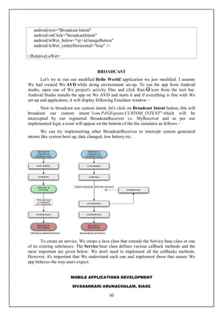 MOBILE APPLICATIONS DEVELOPMENT
SIVASANKARI ARUNACHALAM, SIASC
50
android:text="Broadcast Intent"
android:onClick="broadcastIntent"
android:laWet_below="@+id/imageButton"
android:laWet_centerHorizontal="true" />
</RelativeLaWet>
BROADCAST
Let's try to run our modified Hello World! application we just modified. I assume
We had created We AVD while doing environment set-up. To run the app from Android
studio, open one of We project's activity files and click Run icon from the tool bar.
Android Studio installs the app on We AVD and starts it and if everything is fine with We
set-up and application, it will display following Emulator window −
Now to broadcast our custom intent, let's click on Broadcast Intent button, this will
broadcast our custom intent "com.PAGEspoint.CUSTOM_INTENT" which will be
intercepted by our registered BroadcastReceiver i.e. MyReceiver and as per our
implemented logic a toast will appear on the bottom of the the simulator as follows −
We can try implementing other BroadcastReceiver to intercept system generated
intents like system boot up, date changed, low battery etc.
To create an service, We create a Java class that extends the Service base class or one
of its existing subclasses. The Service base class defines various callback methods and the
most important are given below. We don't need to implement all the callbacks methods.
However, it's important that We understand each one and implement those that ensure We
app behaves the way users expect.
 