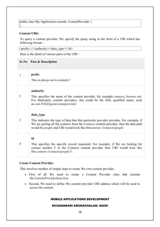 MOBILE APPLICATIONS DEVELOPMENT
SIVASANKARI ARUNACHALAM, SIASC
58
public class My Application extends ContentProvider {
}
Content URIs
To query a content provider, We specify the query string in the form of a URI which has
following format −
<prefix>://<authority>/<data_type>/<id>
Here is the detail of various parts of the URI −
Sr.No Part & Description
1 prefix
This is always set to content://
2
authority
This specifies the name of the content provider, for example contacts, browser etc.
For third-party content providers, this could be the fully qualified name, such
as com.PAGEspoint.statusprovider
3
data_type
This indicates the type of data that this particular provider provides. For example, if
We are getting all the contacts from the Contacts content provider, then the data path
would be people and URI would look like thiscontent://contacts/people
4
id
This specifies the specific record requested. For example, if We are looking for
contact number 5 in the Contacts content provider then URI would look like
this content://contacts/people/5.
Create Content Provider
This involves number of simple steps to create We own content provider.
 First of all We need to create a Content Provider class that extends
the ContentProviderbaseclass.
 Second, We need to define We content provider URI address which will be used to
access the content.
 