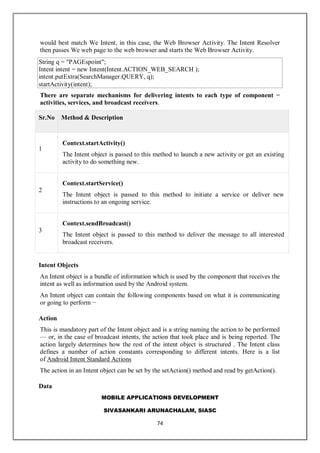 MOBILE APPLICATIONS DEVELOPMENT
SIVASANKARI ARUNACHALAM, SIASC
74
would best match We Intent, in this case, the Web Browser Activity. The Intent Resolver
then passes We web page to the web browser and starts the Web Browser Activity.
String q = "PAGEspoint";
Intent intent = new Intent(Intent.ACTION_WEB_SEARCH );
intent.putExtra(SearchManager.QUERY, q);
startActivity(intent);
There are separate mechanisms for delivering intents to each type of component −
activities, services, and broadcast receivers.
Sr.No Method & Description
1
Context.startActivity()
The Intent object is passed to this method to launch a new activity or get an existing
activity to do something new.
2
Context.startService()
The Intent object is passed to this method to initiate a service or deliver new
instructions to an ongoing service.
3
Context.sendBroadcast()
The Intent object is passed to this method to deliver the message to all interested
broadcast receivers.
Intent Objects
An Intent object is a bundle of information which is used by the component that receives the
intent as well as information used by the Android system.
An Intent object can contain the following components based on what it is communicating
or going to perform −
Action
This is mandatory part of the Intent object and is a string naming the action to be performed
— or, in the case of broadcast intents, the action that took place and is being reported. The
action largely determines how the rest of the intent object is structured . The Intent class
defines a number of action constants corresponding to different intents. Here is a list
of Android Intent Standard Actions
The action in an Intent object can be set by the setAction() method and read by getAction().
Data
 