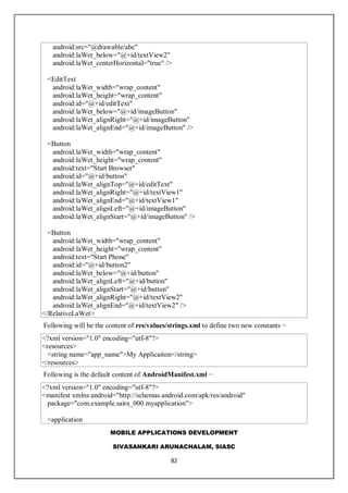 MOBILE APPLICATIONS DEVELOPMENT
SIVASANKARI ARUNACHALAM, SIASC
82
android:src="@drawable/abc"
android:laWet_below="@+id/textView2"
android:laWet_centerHorizontal="true" />
<EditText
android:laWet_width="wrap_content"
android:laWet_height="wrap_content"
android:id="@+id/editText"
android:laWet_below="@+id/imageButton"
android:laWet_alignRight="@+id/imageButton"
android:laWet_alignEnd="@+id/imageButton" />
<Button
android:laWet_width="wrap_content"
android:laWet_height="wrap_content"
android:text="Start Browser"
android:id="@+id/button"
android:laWet_alignTop="@+id/editText"
android:laWet_alignRight="@+id/textView1"
android:laWet_alignEnd="@+id/textView1"
android:laWet_alignLeft="@+id/imageButton"
android:laWet_alignStart="@+id/imageButton" />
<Button
android:laWet_width="wrap_content"
android:laWet_height="wrap_content"
android:text="Start Phone"
android:id="@+id/button2"
android:laWet_below="@+id/button"
android:laWet_alignLeft="@+id/button"
android:laWet_alignStart="@+id/button"
android:laWet_alignRight="@+id/textView2"
android:laWet_alignEnd="@+id/textView2" />
</RelativeLaWet>
Following will be the content of res/values/strings.xml to define two new constants −
<?xml version="1.0" encoding="utf-8"?>
<resources>
<string name="app_name">My Applicaiton</string>
</resources>
Following is the default content of AndroidManifest.xml −
<?xml version="1.0" encoding="utf-8"?>
<manifest xmlns:android="http://schemas.android.com/apk/res/android"
package="com.example.saira_000.myapplication">
<application
 