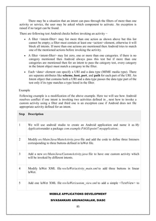 MOBILE APPLICATIONS DEVELOPMENT
SIVASANKARI ARUNACHALAM, SIASC
85
There may be a situation that an intent can pass through the filters of more than one
activity or service, the user may be asked which component to activate. An exception is
raised if no target can be found.
There are following test Android checks before invoking an activity −
 A filter <intent-filter> may list more than one action as shown above but this list
cannot be empty; a filter must contain at least one <action> element, otherwise it will
block all intents. If more than one actions are mentioned then Android tries to match
one of the mentioned actions before invoking the activity.
 A filter <intent-filter> may list zero, one or more than one categories. if there is no
category mentioned then Android always pass this test but if more than one
categories are mentioned then for an intent to pass the category test, every category
in the Intent object must match a category in the filter.
 Each <data> element can specify a URI and a data type (MIME media type). There
are separate attributes like scheme, host, port, and path for each part of the URI. An
Intent object that contains both a URI and a data type passes the data type part of the
test only if its type matches a type listed in the filter.
Example
Following example is a modification of the above example. Here we will see how Android
resolves conflict if one intent is invoking two activities defined in , next how to invoke a
custom activity using a filter and third one is an exception case if Android does not file
appropriate activity defined for an intent.
Step Description
1 We will use android studio to create an Android application and name it as My
Applicationunder a package com.example.PAGEspoint7.myapplication;.
2 Modify src/Main/Java/MainActivity.java file and add the code to define three listeners
corresponding to three buttons defined in laWet file.
3 Add a new src/Main/Java/CustomActivity.java file to have one custom activity which
will be invoked by different intents.
4 Modify laWet XML file res/laWet/activity_main.xml to add three buttons in linear
laWet.
5 Add one laWet XML file res/laWet/custom_view.xml to add a simple <TextView> to
 