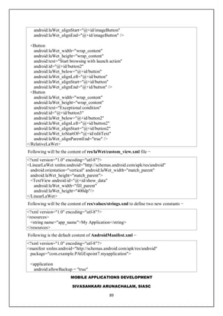 MOBILE APPLICATIONS DEVELOPMENT
SIVASANKARI ARUNACHALAM, SIASC
89
android:laWet_alignStart="@+id/imageButton"
android:laWet_alignEnd="@+id/imageButton" />
<Button
android:laWet_width="wrap_content"
android:laWet_height="wrap_content"
android:text="Start browsing with launch action"
android:id="@+id/button2"
android:laWet_below="@+id/button"
android:laWet_alignLeft="@+id/button"
android:laWet_alignStart="@+id/button"
android:laWet_alignEnd="@+id/button" />
<Button
android:laWet_width="wrap_content"
android:laWet_height="wrap_content"
android:text="Exceptional condition"
android:id="@+id/button3"
android:laWet_below="@+id/button2"
android:laWet_alignLeft="@+id/button2"
android:laWet_alignStart="@+id/button2"
android:laWet_toStartOf="@+id/editText"
android:laWet_alignParentEnd="true" />
</RelativeLaWet>
Following will be the content of res/laWet/custom_view.xml file −
<?xml version="1.0" encoding="utf-8"?>
<LinearLaWet xmlns:android="http://schemas.android.com/apk/res/android"
android:orientation="vertical" android:laWet_width="match_parent"
android:laWet_height="match_parent">
<TextView android:id="@+id/show_data"
android:laWet_width="fill_parent"
android:laWet_height="400dp"/>
</LinearLaWet>
Following will be the content of res/values/strings.xml to define two new constants −
<?xml version="1.0" encoding="utf-8"?>
<resources>
<string name="app_name">My Application</string>
</resources>
Following is the default content of AndroidManifest.xml −
<?xml version="1.0" encoding="utf-8"?>
<manifest xmlns:android="http://schemas.android.com/apk/res/android"
package="com.example.PAGEspoint7.myapplication">
<application
android:allowBackup = "true"
 