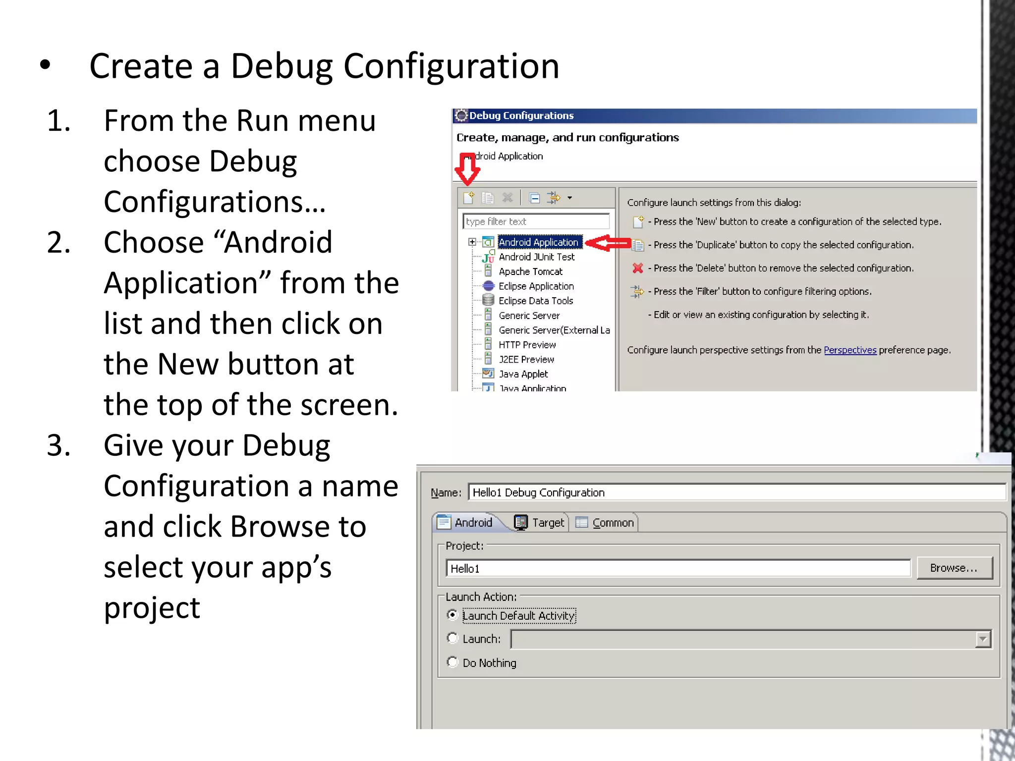 Install and configure the Android Plug-in for Eclipse (ADT)Start Eclipse, then select Help > Install New Software....Click Add, in the top-right corner.In the Add Repository dialog that appears, enter "ADT Plugin" for the Name and the following URL for the Location:  https://dl-ssl.google.com/android/eclipse/Note: If you have trouble acquiring the plugin, try using "http" in the Location URL, instead of "https" (https is preferred for security reasons).Click OK.In the Available Software dialog, select the checkbox next to Developer Tools and click Next.In the next window, you'll see a list of the tools to be downloaded. Click Next.  NOTE: Selecting all tools will take some time to download.Read and accept the license agreements, then click Finish.When the installation completes, restart Eclipse.More Details Here http://developer.android.com/sdk/eclipse-adt.html