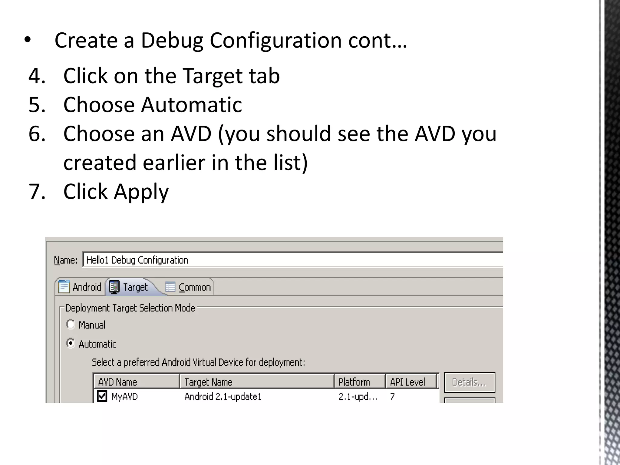 Test InstallationIn Eclipse choose File -> New Project from the menu.You should see an option to create an Android Project and an Android Test Project