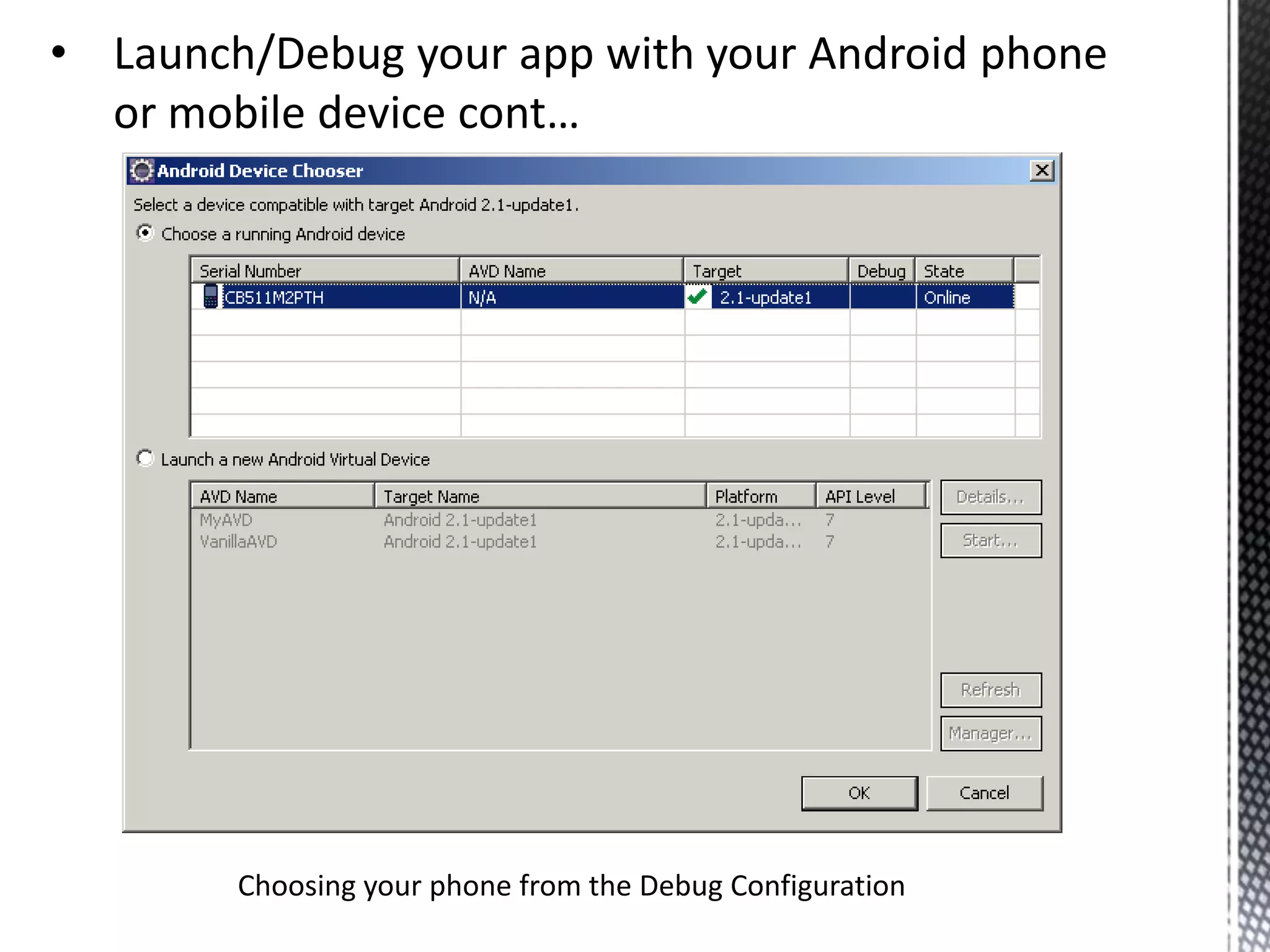 Enter Project NameChoose a Target Platform (if the list of platforms are blank you will need to use the SDK Manager to install some for your PC).Enter PropertiesApplication NamePackage NameEnsure “Create Activity” is checked and enter the default Activity Name.Enter the Min SDK VersionClick Next