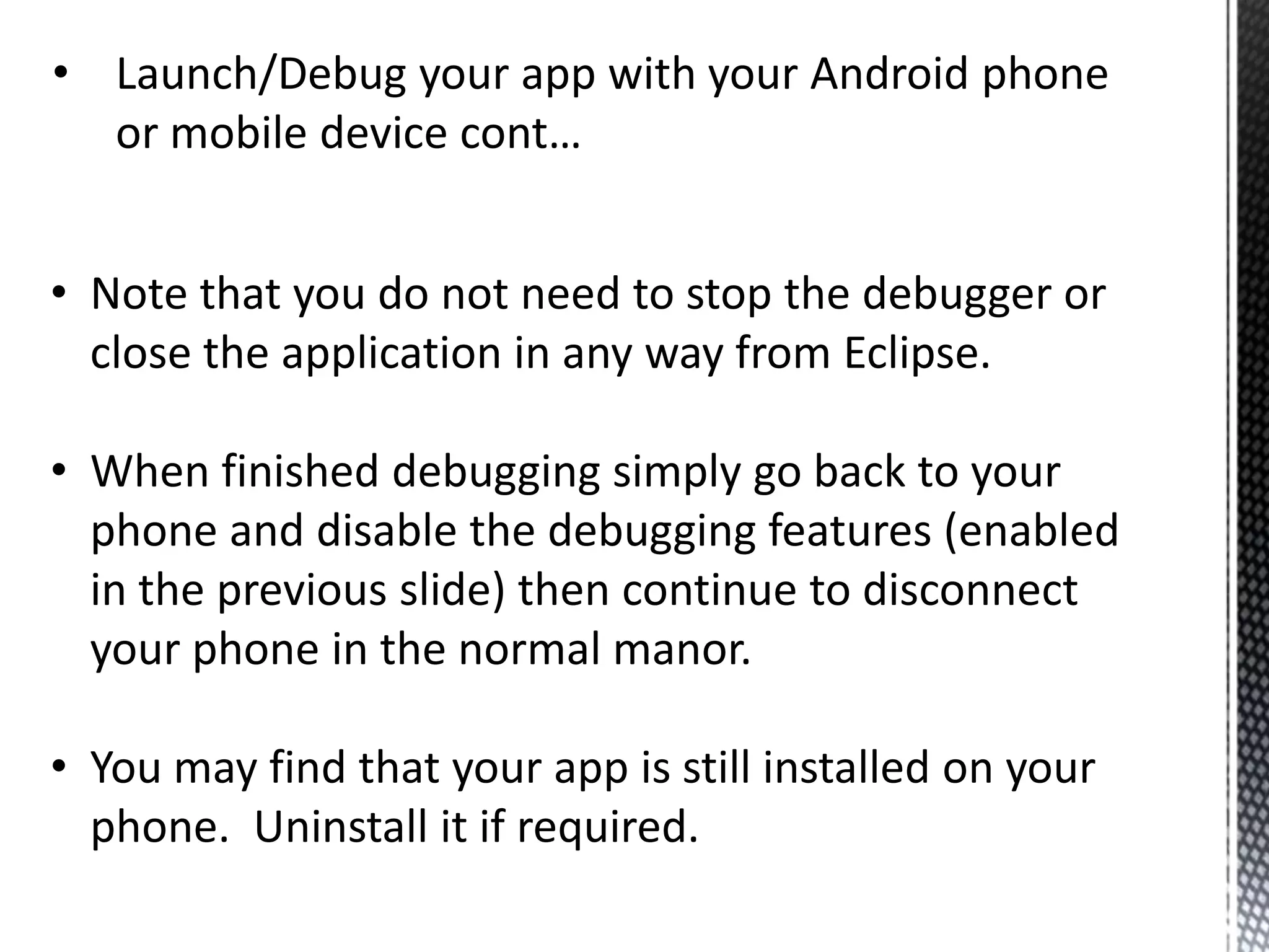 The next screen asks about creating a test project for your application.  At this stage ignore this option and click next (… sorry to the TDD faithful!)Click FinishAt this point your Hello World Application is done.  By default a simple “Hello World” app is created.  