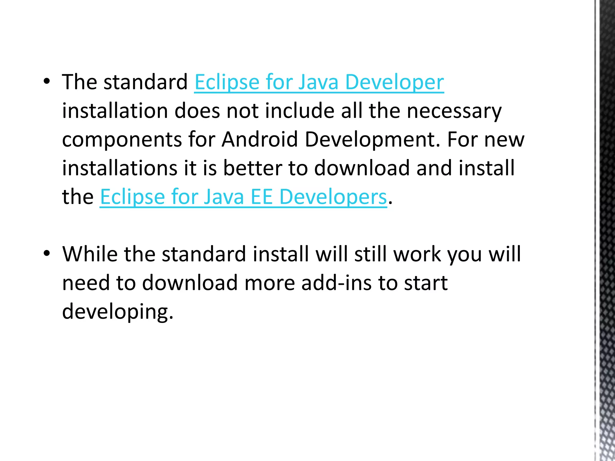 View the Layout ResourceFrom the Package Explorer, expand out the project folder for you app.  Then expand out res=>layout, then double click on main.xml.Layout resources define the layout of the various screens in your app.  A default main.xml layout is created but you can create others.You can edit the layout using the designer or switch to xml view.