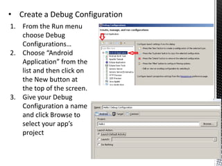 Install and configure the Android Plug-in for Eclipse (ADT)Start Eclipse, then select Help > Install New Software....Click Add, in the top-right corner.In the Add Repository dialog that appears, enter "ADT Plugin" for the Name and the following URL for the Location:  https://dl-ssl.google.com/android/eclipse/Note: If you have trouble acquiring the plugin, try using "http" in the Location URL, instead of "https" (https is preferred for security reasons).Click OK.In the Available Software dialog, select the checkbox next to Developer Tools and click Next.In the next window, you'll see a list of the tools to be downloaded. Click Next.  NOTE: Selecting all tools will take some time to download.Read and accept the license agreements, then click Finish.When the installation completes, restart Eclipse.More Details Here http://developer.android.com/sdk/eclipse-adt.html