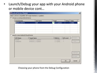 Enter Project NameChoose a Target Platform (if the list of platforms are blank you will need to use the SDK Manager to install some for your PC).Enter PropertiesApplication NamePackage NameEnsure “Create Activity” is checked and enter the default Activity Name.Enter the Min SDK VersionClick Next