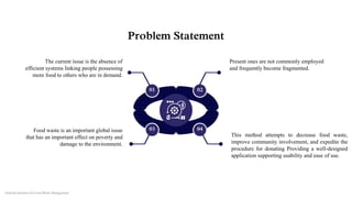 Problem Statement
The current issue is the absence of
efficient systems linking people possessing
more food to others who are in demand.
Present ones are not commonly employed
and frequently become fragmented.
Food waste is an important global issue
that has an important effect on poverty and
damage to the environment.
This method attempts to decrease food waste,
improve community involvement, and expedite the
procedure for donating Providing a well-designed
application supporting usability and ease of use.
01 02
03 04
Android Solution for Food Waste Management
 