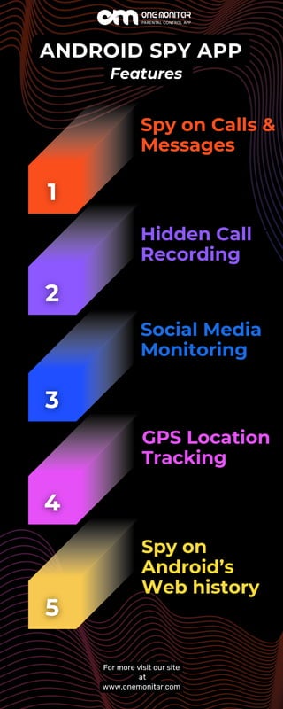 Spy on Calls &
Messages
Hidden Call
Recording
Social Media
Monitoring
GPS Location
Tracking
Spy on
Android’s
Web history
ANDROID SPY APP
Features
For more visit our site
at
www.onemonitar.com
 