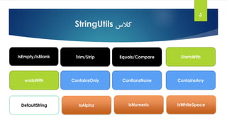 ‫کالس‬StringUtils
5
IsEmpty/IsBlank Trim/Strip Equals/Compare StartsWith
endsWith ContainsOnly ContiansNone ContainsAny
DefaultString IsAlpha IsNumeric IsWhiteSpace
 