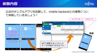 体験内容
© 2023 FUJITSU CLOUD TECHNOLOGIES LIMITED
公式のサンプルアプリを起動して、mobile backendとの連携につい
て体験していきましょう！
完成
ユーザーID
パスワード
ユーザーID パスワード
APIで連携すると入力した
データが保存できるように！
20
 