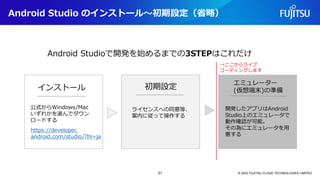 Android Studio のインストール～初期設定（省略）
© 2023 FUJITSU CLOUD TECHNOLOGIES LIMITED
インストール 初期設定
エミュレーター
(仮想端末)の準備
https://developer.
android.com/studio/?hl=ja
公式からWindows/Mac
いずれかを選んでダウン
ロードする
ライセンスへの同意等、
案内に従って操作する
開発したアプリはAndroid
Studio上のエミュレータで
動作確認が可能。
その為にエミュレータを用
意する
Android Studioで開発を始めるまでの3STEPはこれだけ
→ここからライブ
コーディングします
21
 