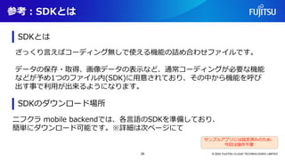 参考：SDKとは
© 2023 FUJITSU CLOUD TECHNOLOGIES LIMITED
SDKのダウンロード場所
サンプルアプリには設定済みのため、
今回は操作不要
SDKとは
ざっくり言えばコーディング無しで使える機能の詰め合わせファイルです。
データの保存・取得、画像データの表示など、通常コーディングが必要な機能
などが予め1つのファイル内(SDK)に用意されており、その中から機能を呼び
出す事で利用が出来るようになります。
ニフクラ mobile backendでは、各言語のSDKを準備しており、
簡単にダウンロード可能です。※詳細は次ページにて
29
 