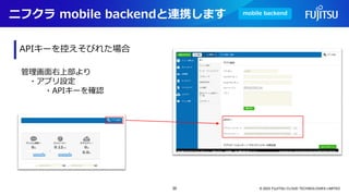 ニフクラ mobile backendと連携します
© 2023 FUJITSU CLOUD TECHNOLOGIES LIMITED
APIキーを控えそびれた場合
mobile backend
管理画面右上部より
・アプリ設定
・APIキーを確認
35
 