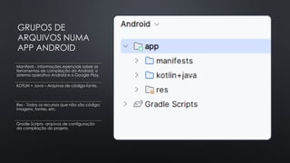 GRUPOS DE
ARQUIVOS NUMA
APP ANDROID
Manifests - Informações essenciais sobre as
ferramentas de compilação do Android, o
sistema operativo Android e o Google Play.
KOTLIN + Java – Arquivos de código-fonte.
Res - Todos os recursos que não são código:
imagens, fontes, etc.
Gradle Scripts- arquivos de configuração
da compilação do projeto.
 