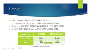 Gradle
 Java と Groovy で作られたビルド自動化システム
 ビルド以外も何でもできるので、正確にはタスク自動化システム
 Groovy ベースの DSL※ で無駄のない簡潔な設定・タスク記述を実現
 Ant タスク実行機能や Maven リポジトリアクセス機能も搭載
ビルド定義 / パラダイム 手続き的 規約によるビルド
スクリプト Make Gradle
XML Ant Maven
「Gradle 徹底入門」(2014, 翔泳社) より
DSL: Domain Specific Language (ドメイン固有言語)
 