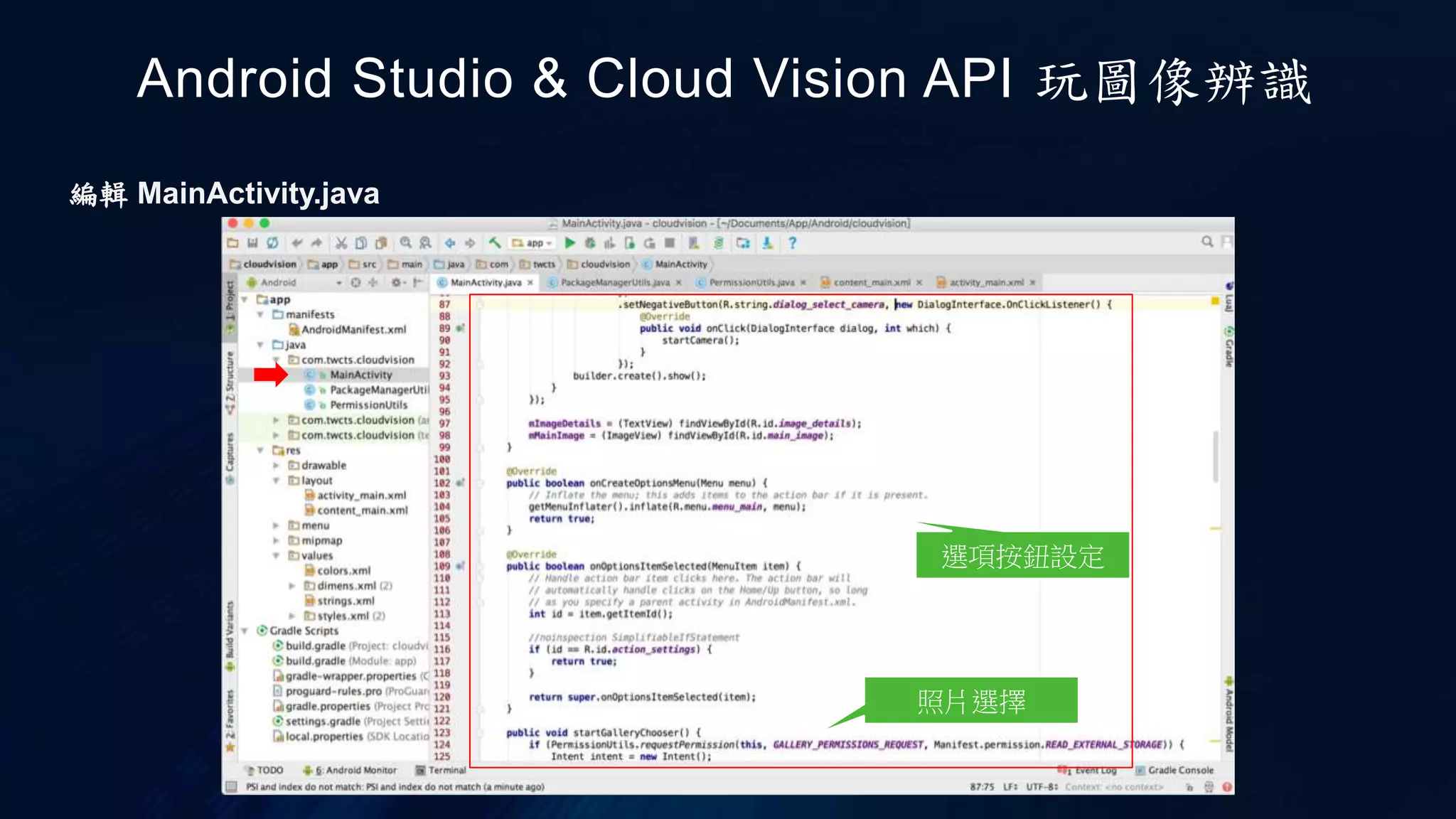 Android Studio & Cloud Vision API 玩圖像辨識
選項按鈕設定
編輯 MainActivity.java
照片選擇
 