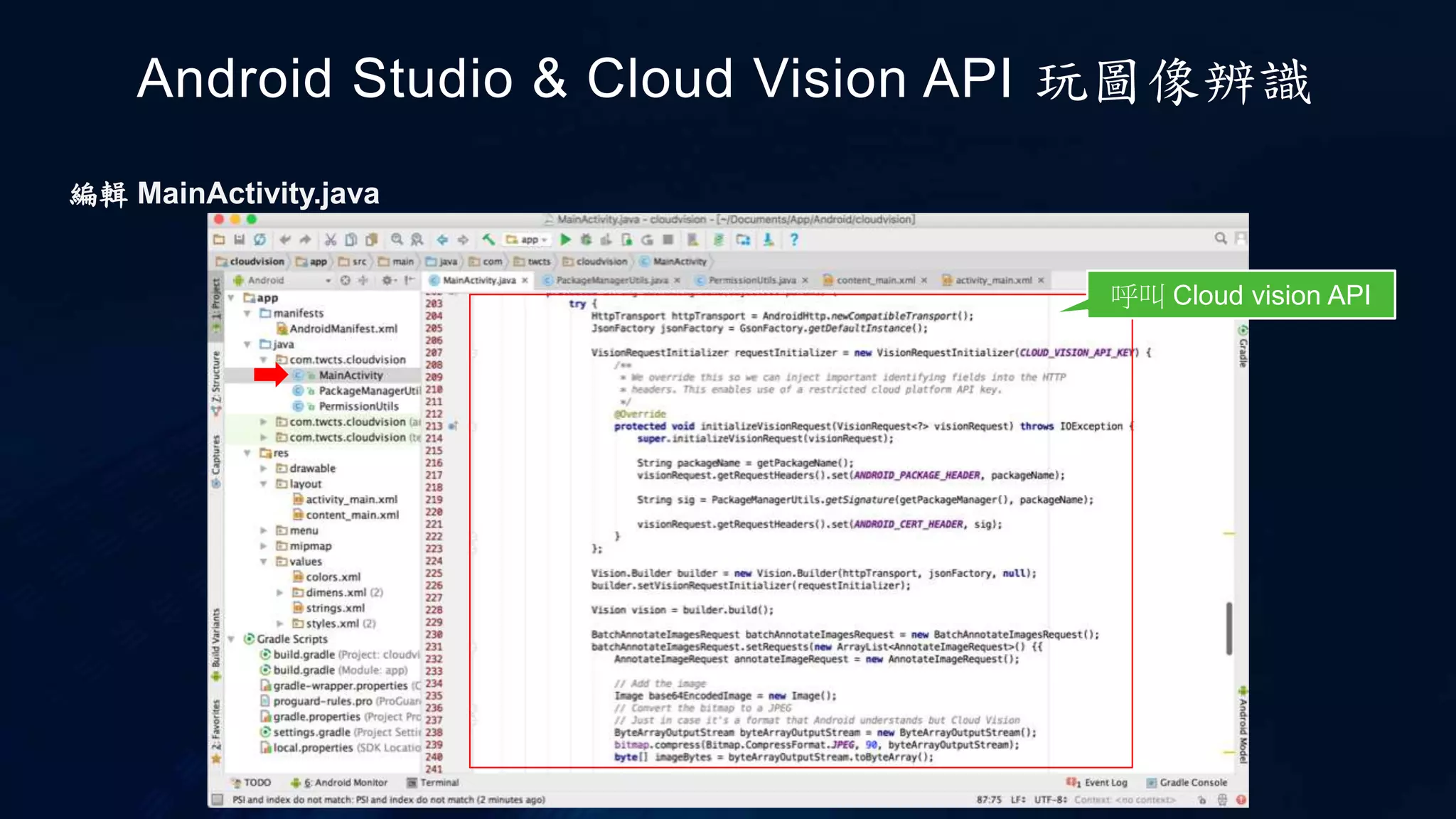 Android Studio & Cloud Vision API 玩圖像辨識
呼叫 Cloud vision API
編輯 MainActivity.java
 