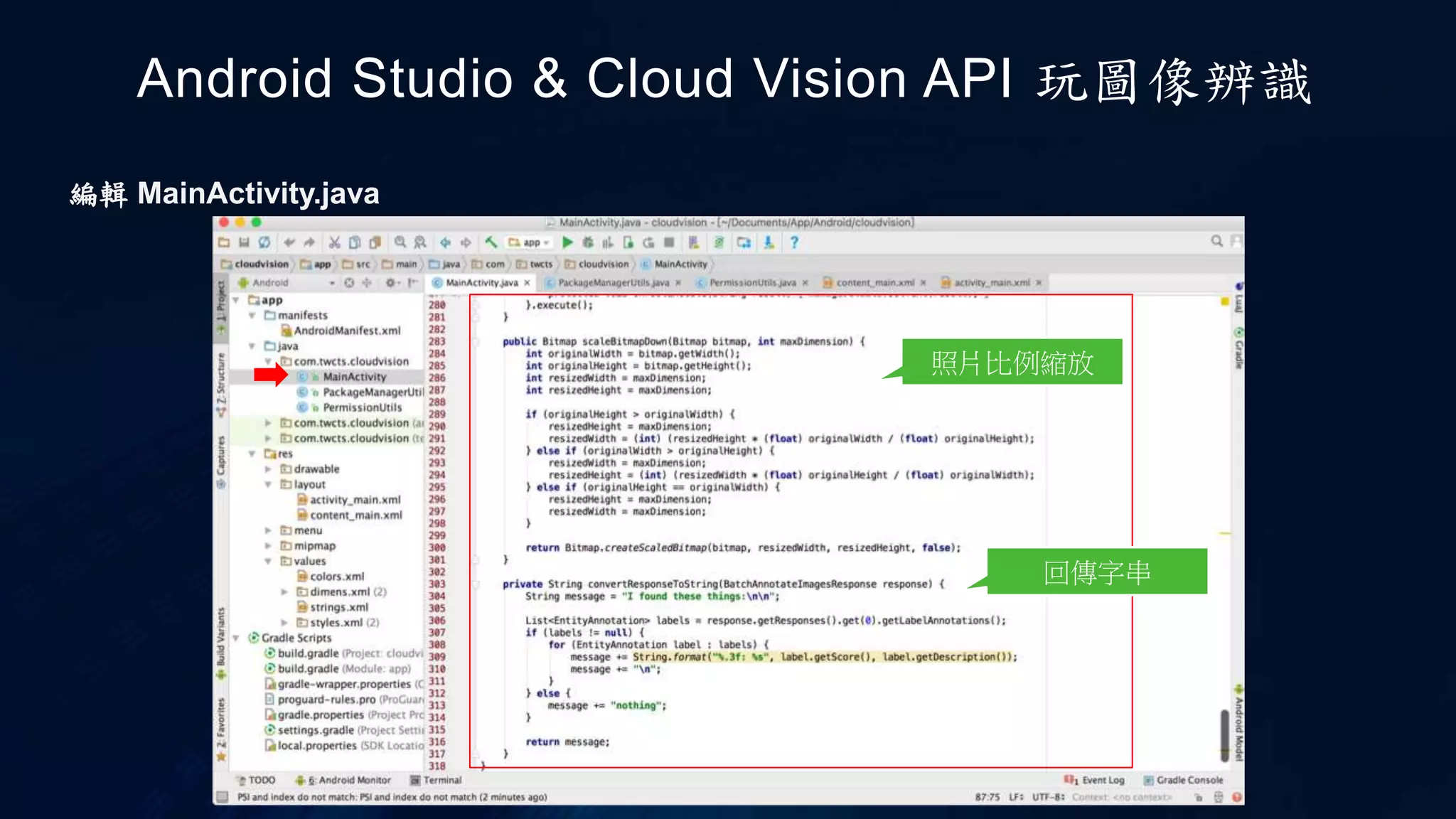 Android Studio & Cloud Vision API 玩圖像辨識
照片比例縮放
編輯 MainActivity.java
回傳字串
 