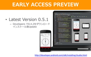EARLY ACCESS PREVIEW
• Latest Version 0.5.1
– Developers で0.4.2をダウンロード
インストール後Update
http://developer.android.com/sdk/installing/studio.html
 