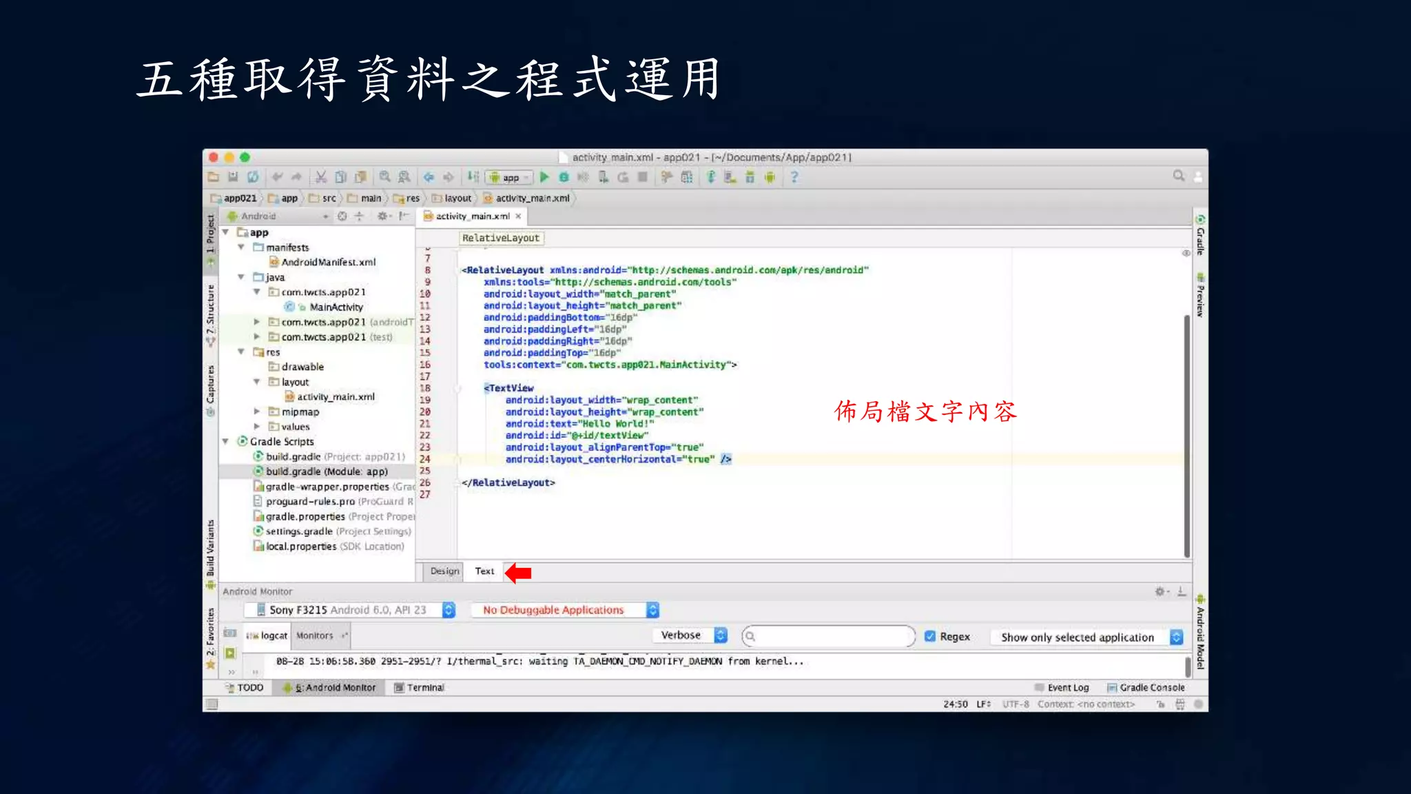 五種取得資料之程式運用
佈局檔文字內容
 