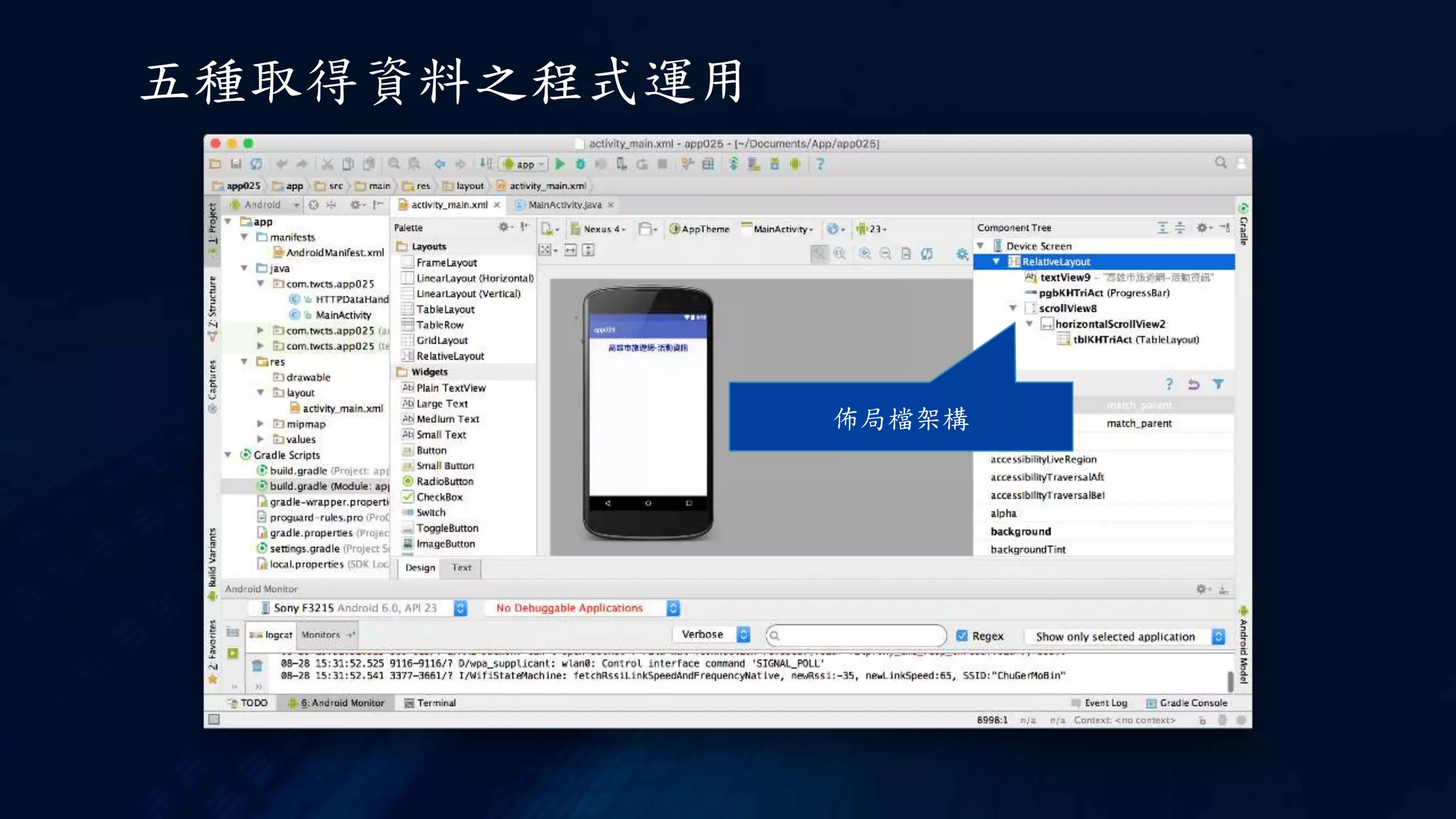 佈局檔架構
五種取得資料之程式運用
 