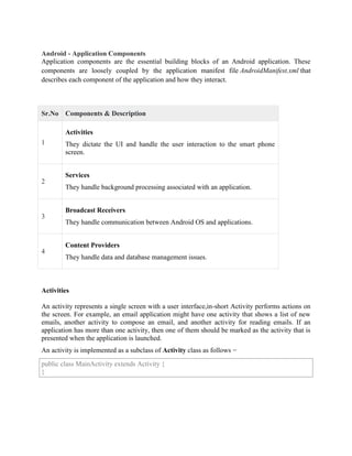 Android - Application Components
Application components are the essential building blocks of an Android application. These
components are loosely coupled by the application manifest file AndroidManifest.xml that
describes each component of the application and how they interact.
Sr.No Components & Description
1
Activities
They dictate the UI and handle the user interaction to the smart phone
screen.
2
Services
They handle background processing associated with an application.
3
Broadcast Receivers
They handle communication between Android OS and applications.
4
Content Providers
They handle data and database management issues.
Activities
An activity represents a single screen with a user interface,in-short Activity performs actions on
the screen. For example, an email application might have one activity that shows a list of new
emails, another activity to compose an email, and another activity for reading emails. If an
application has more than one activity, then one of them should be marked as the activity that is
presented when the application is launched.
An activity is implemented as a subclass of Activity class as follows −
public class MainActivity extends Activity {
}
 