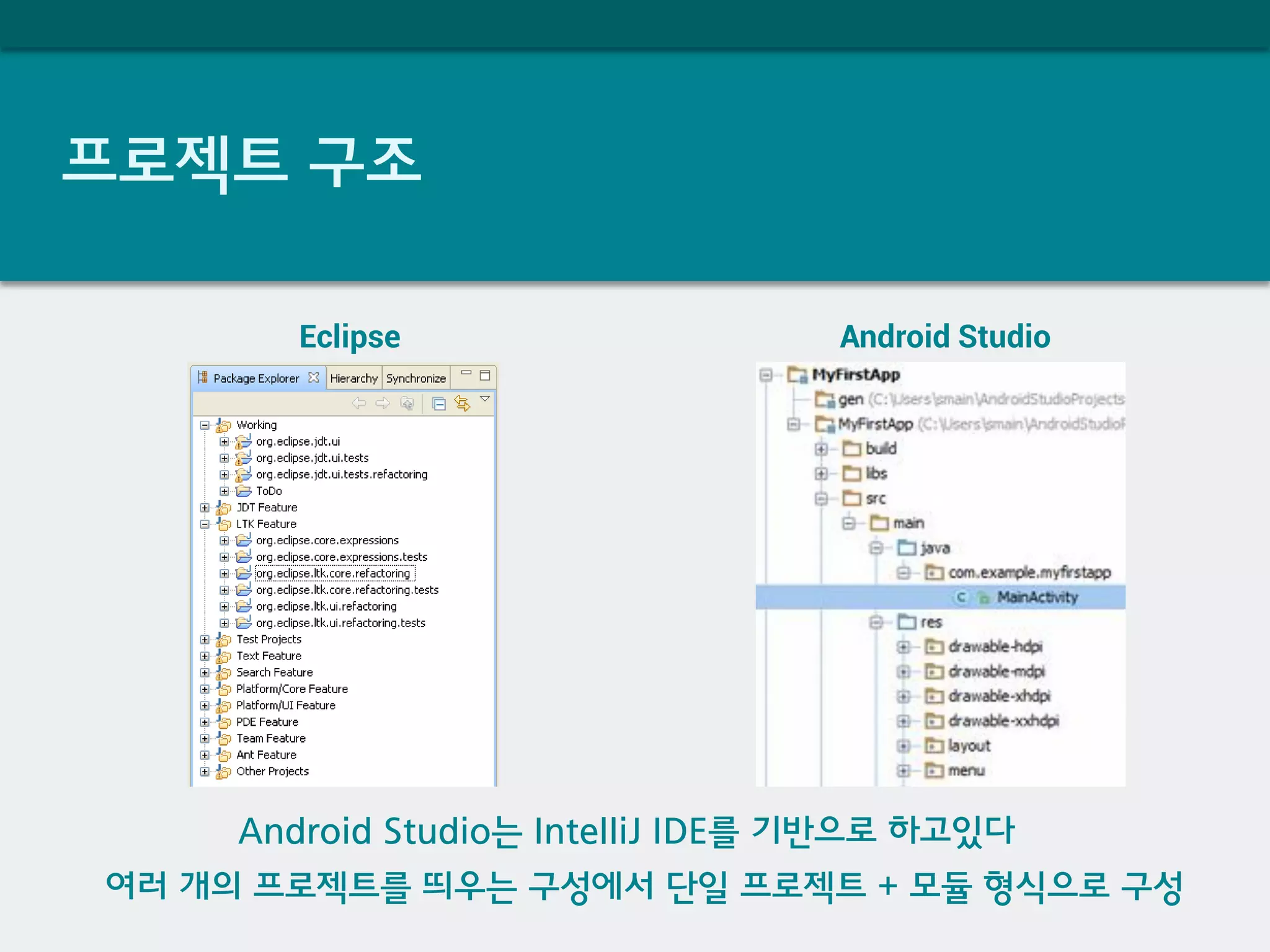 프로젝트 구조
Eclipse Android Studio
여러 개의 프로젝트를 띄우는 구성에서 단일 프로젝트 + 모듈 형식으로 구성
Android Studio는 IntelliJ IDE를 기반으로 하고있다
 