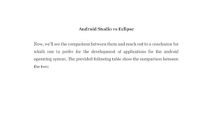 Android Studio vs Eclipse
Now, we’ll see the comparison between them and reach out to a conclusion for
which one to prefer for the development of applications for the android
operating system. The provided following table show the comparison between
the two:
 