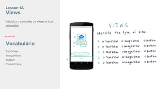Lesson 1A
Views
Introduz o conceito de views e sua
utilização.
Vocabulário
TextView
ImageView
Button
CamelCase
 