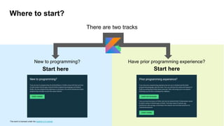 This work is licensed under the Apache 2.0 License
Where to start?
There are two tracks
New to programming? Have prior programming experience?
Start here
Start here
This work is licensed under the Apache 2.0 License
 