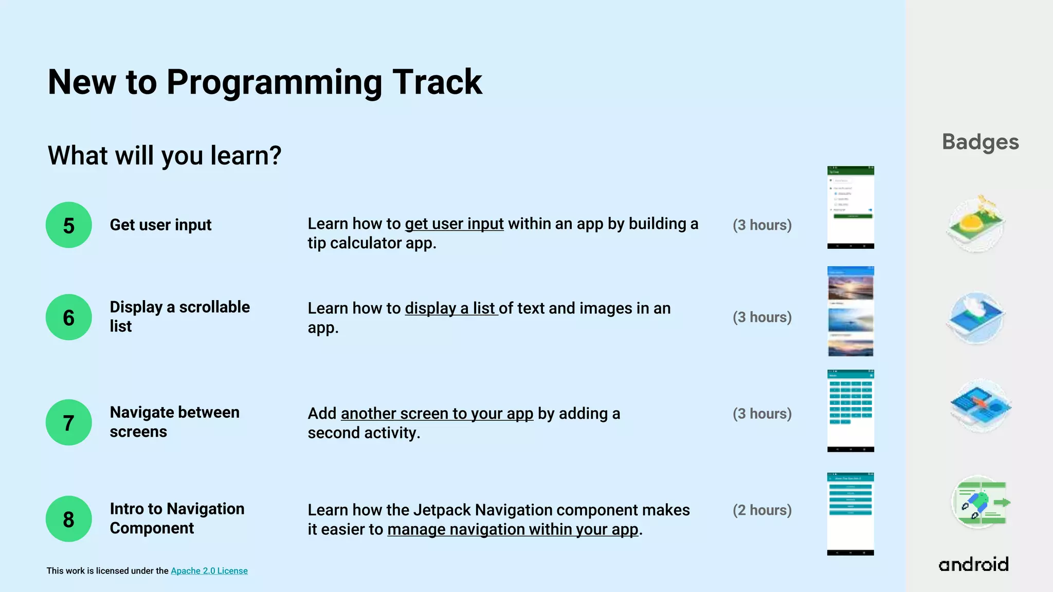 This work is licensed under the Apache 2.0 License
What will you learn?
6
5 Get user input
Display a scrollable
list
(3 hours)
(3 hours)
Learn how to get user input within an app by building a
tip calculator app.
Learn how to display a list of text and images in an
app.
Badges
New to Programming Track
7
Navigate between
screens
(3 hours)
Add another screen to your app by adding a
second activity.
8
Intro to Navigation
Component
(2 hours)
Learn how the Jetpack Navigation component makes
it easier to manage navigation within your app.
 