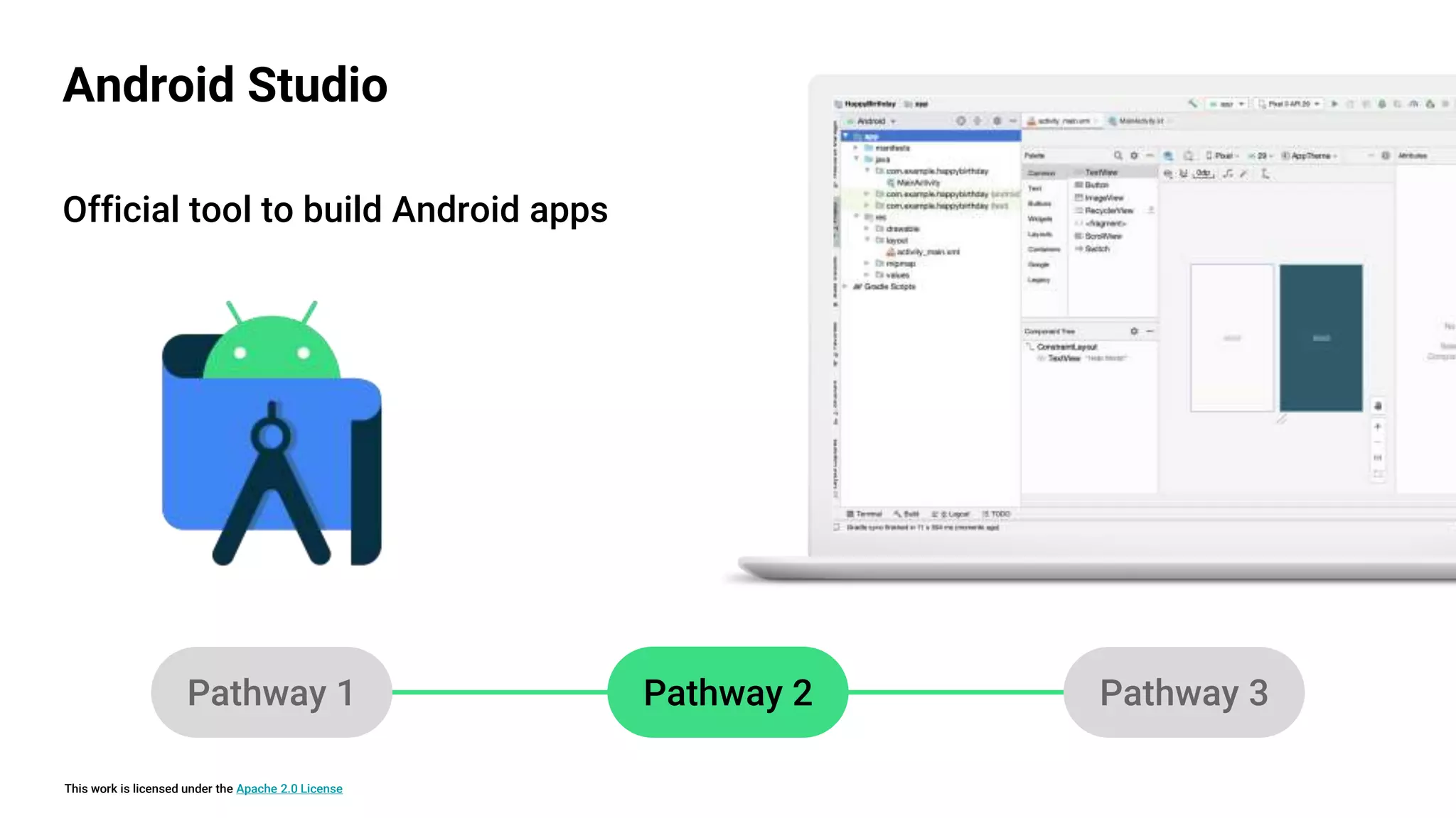 This work is licensed under the Apache 2.0 License
Pathway 1 Pathway 2 Pathway 3
Official tool to build Android apps
Android Studio
 