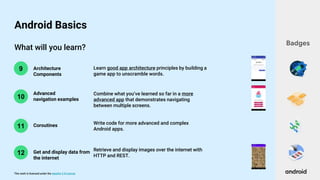 This work is licensed under the Apache 2.0 License
What will you learn?
10
9 Architecture
Components
Advanced
navigation examples
Learn good app architecture principles by building a
game app to unscramble words.
Combine what you’ve learned so far in a more
advanced app that demonstrates navigating
between multiple screens.
Badges
Android Basics
11 Coroutines Write code for more advanced and complex
Android apps.
12 Get and display data from
the internet
Retrieve and display images over the internet with
HTTP and REST.
 