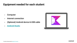 This work is licensed under the Apache 2.0 License
Equipment needed for each student
० Computer
० Internet connection
० (Optional) Android device & USB cable
० Android Studio
 