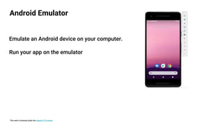 This work is licensed under the Apache 2.0 License
Android Emulator
Emulate an Android device on your computer.
Run your app on the emulator
 
