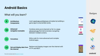 This work is licensed under the Apache 2.0 License
What will you learn?
10
9 Architecture
Components
Advanced
navigation examples
Learn good app architecture principles by building a
game app to unscramble words.
Combine what you’ve learned so far in a more
advanced app that demonstrates navigating
between multiple screens.
Badges
Android Basics
11 Coroutines Write code for more advanced and complex
Android apps.
12 Get and display data from
the internet
Retrieve and display images over the internet with
HTTP and REST.
 