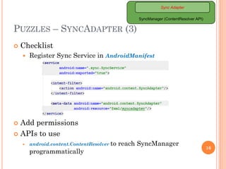 PUZZLES – SYNCADAPTER (3)
 Checklist
 Register Sync Service in AndroidManifest
 Add permissions
 APIs to use
 android...