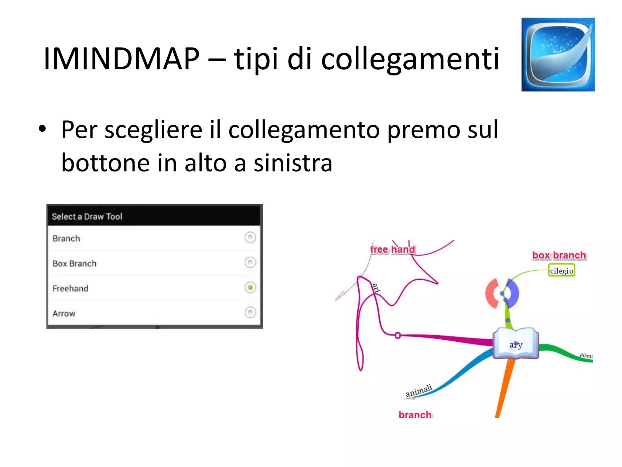 IMINDMAP – tipi di collegamenti
• Per scegliere il collegamento premo sul
bottone in alto a sinistra
 