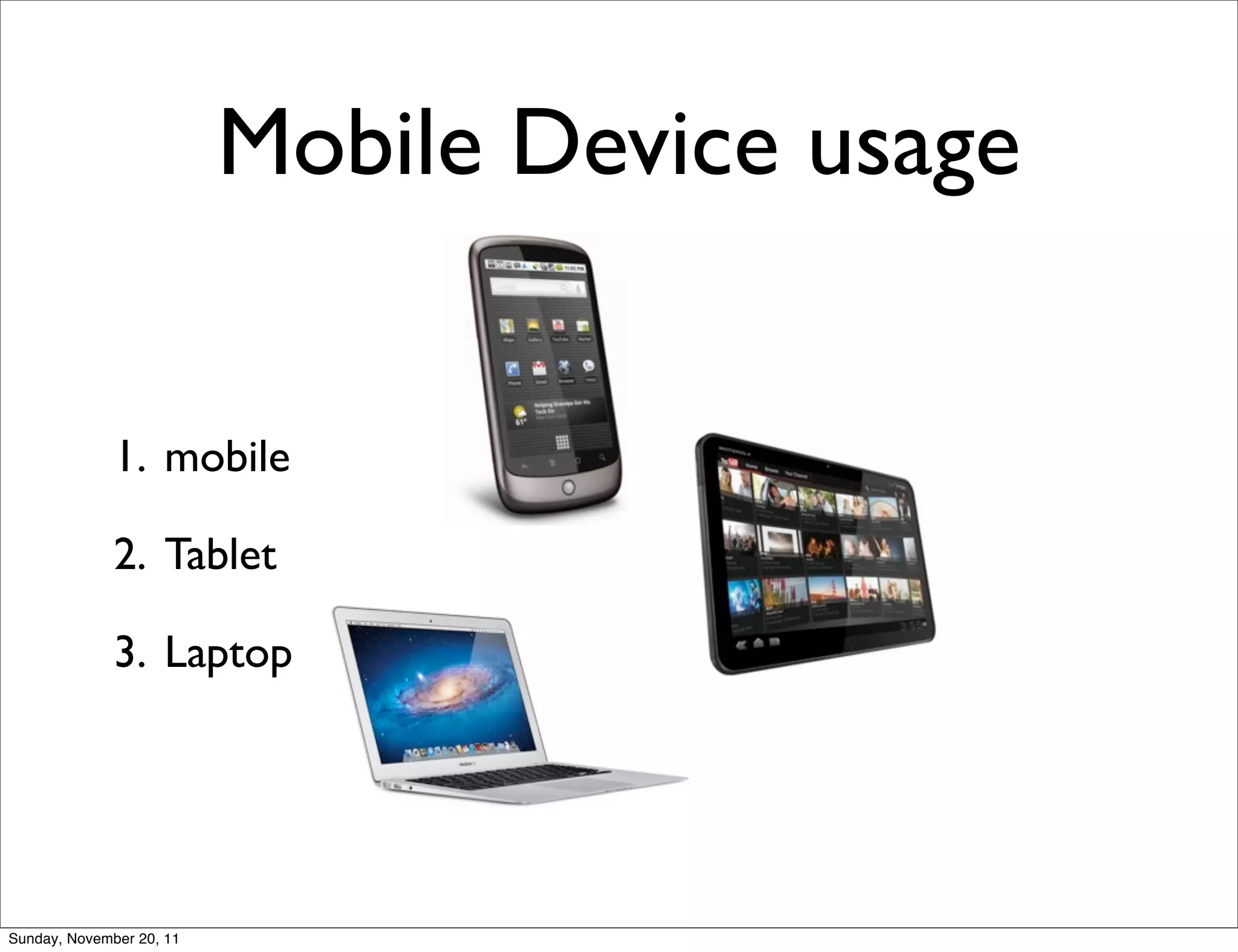 Mobile Device usage


              1. mobile

              2. Tablet

              3. Laptop




Sunday, November 20, 11
 